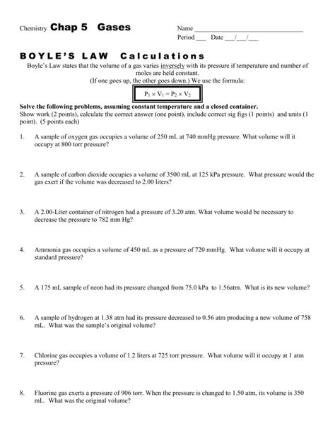 Chap 12 Boyleu0027s Law Worksheet Boyleu0027s Law Wksht Boyle S Law Worksheet With Answers - Boyle's Law Worksheet With Answers