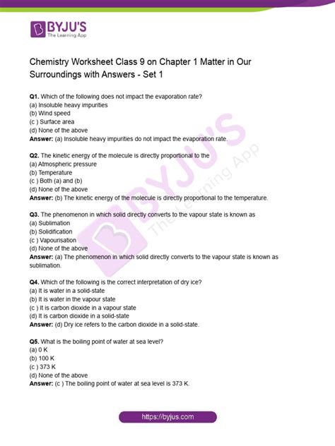 Chapter 1 Matter Change Worksheet Answers
