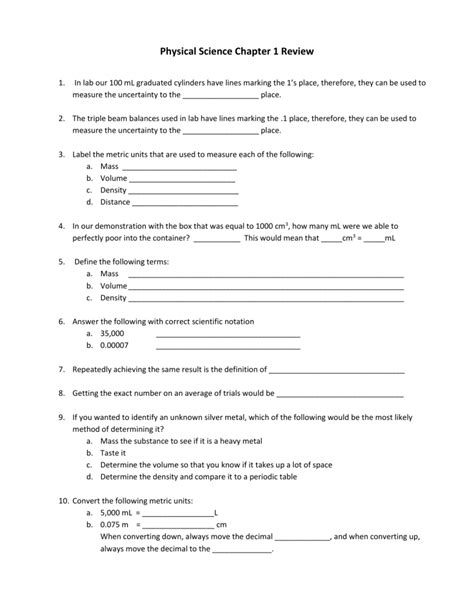 Chapter 1 Review Physical Science Answers