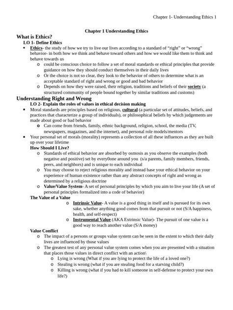 Chapter 1 Understanding Ethics Chapter Summary