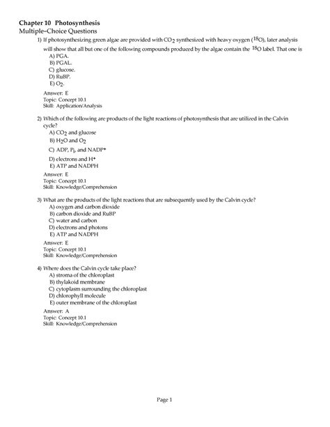 Chapter 10 Photosynthesis Multiple Choice Questions