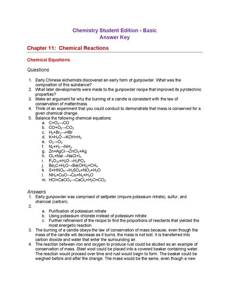 Chapter 11 Chemical Reactions Answer Key