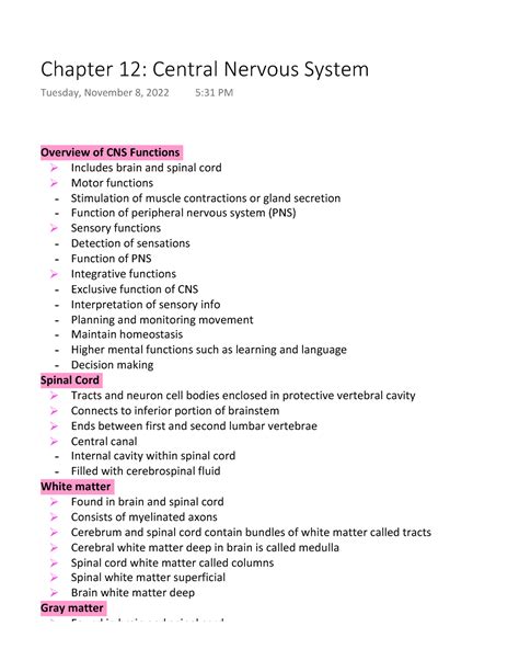 Chapter 12 The Central Nervous System Study Guide Answers