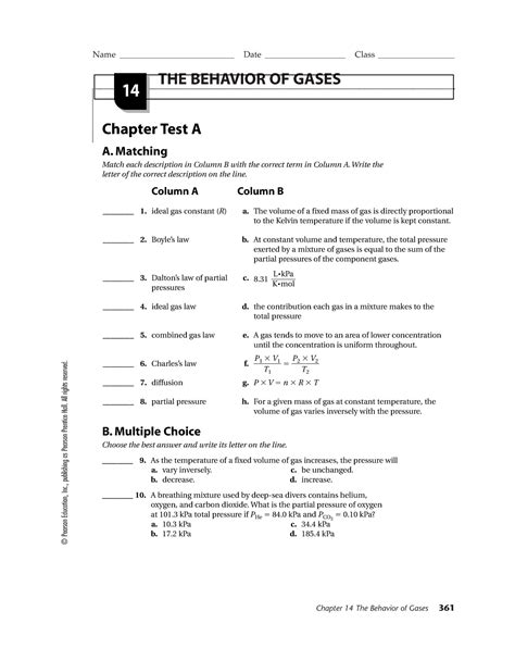 Chapter 14 The Behavior Of Gases Packet Answers