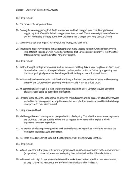 Chapter 16 Assessment Biology Answer Key