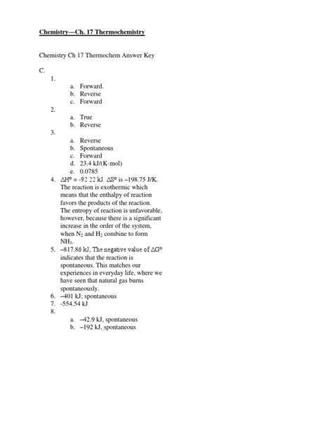 Chapter 17 Thermochemistry Answer Key