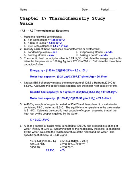 Chapter 17 Thermochemistry Study Guide Answers