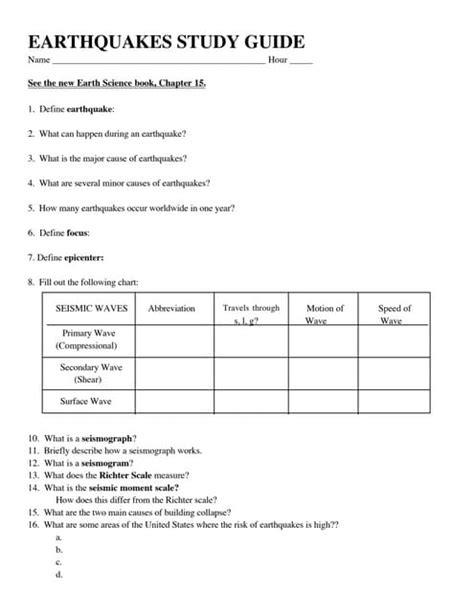 Chapter 19 Earthquakes Study Guide Answers