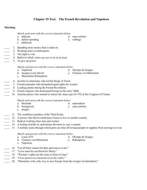 Chapter 19 Test The French Revolution Napoleon Answer Key