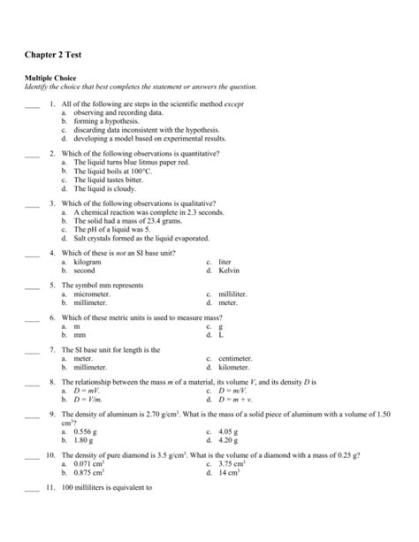 Chapter 2 Chemistry Test