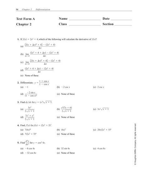 Chapter 2 Differentiation Test Form B