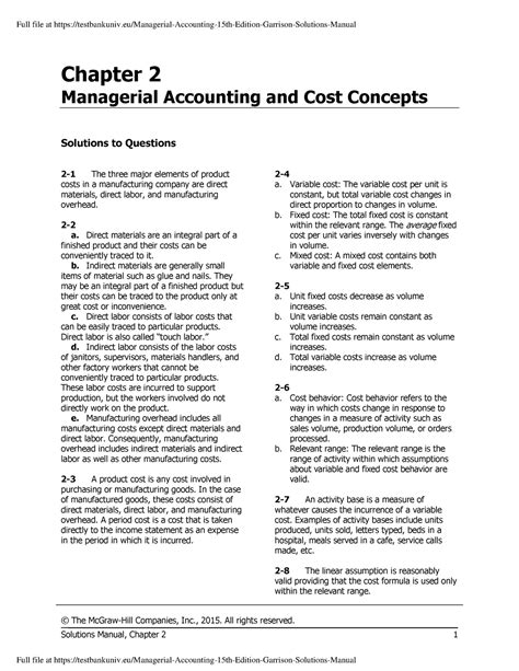 Chapter 2 Managerial Accounting And Cost Concepts Solutions