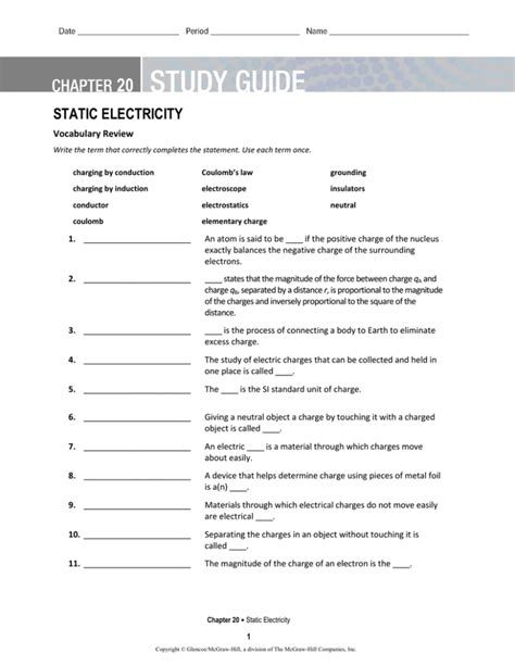 Chapter 20 Static Electricity Answers