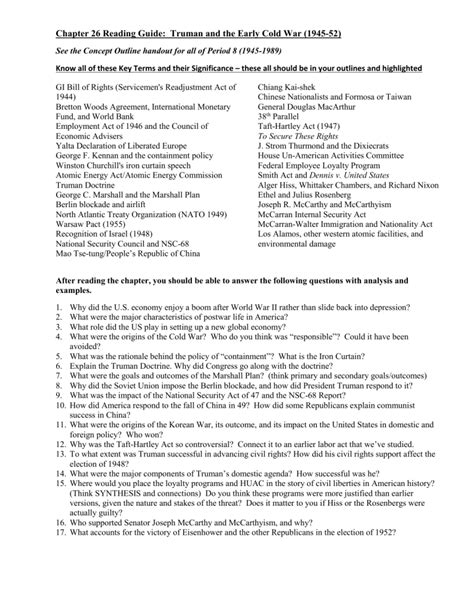 Chapter 26 Reading Guide Origins Of The Cold War Answers