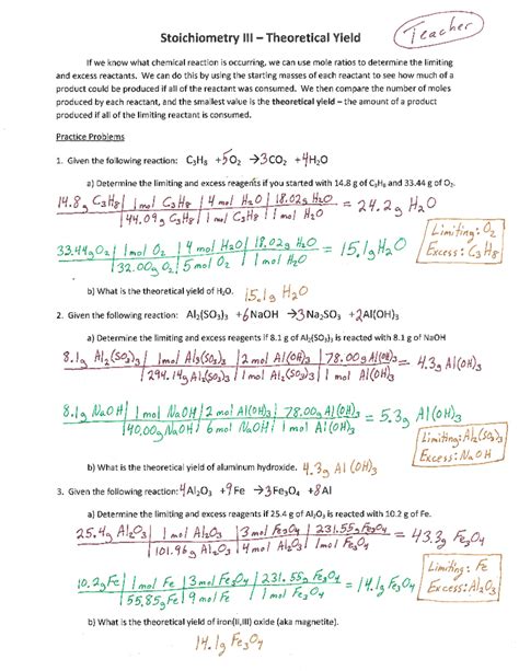Chapter 3 Stoichiometry Exercises Answers