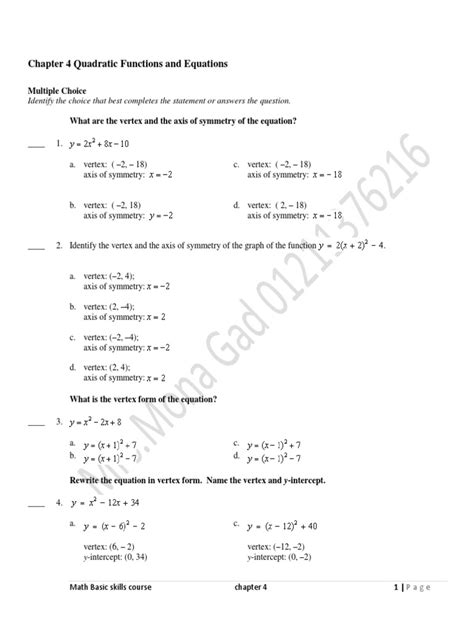chapter 4 quadratic functions and equations homework