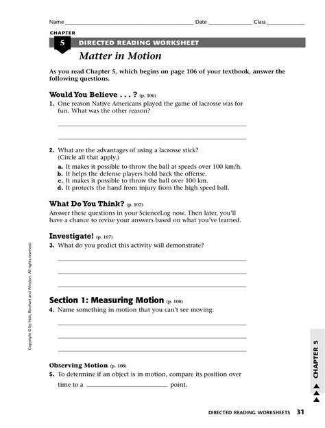 Chapter 5 Directed Reading Worksheet Matter In Motion Matter In Motion Worksheet Answers - Matter In Motion Worksheet Answers