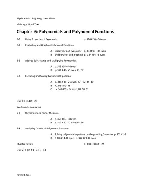 Chapter 6 Polynomials And Polynomial Functions Answers