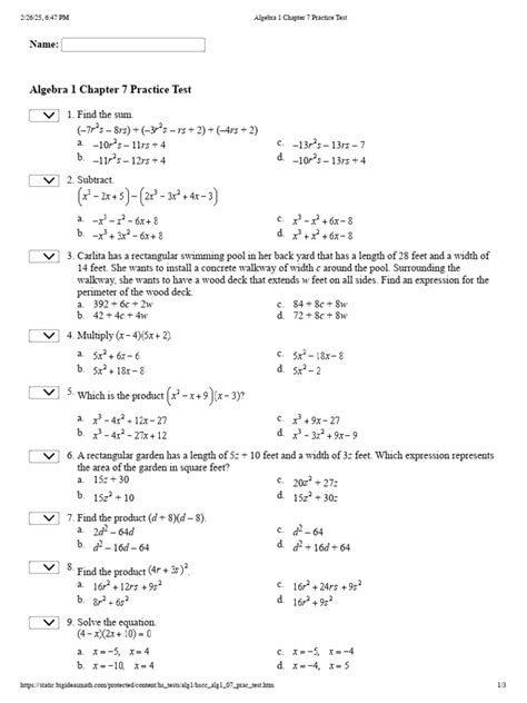 Chapter 7 Algebra 1 Test
