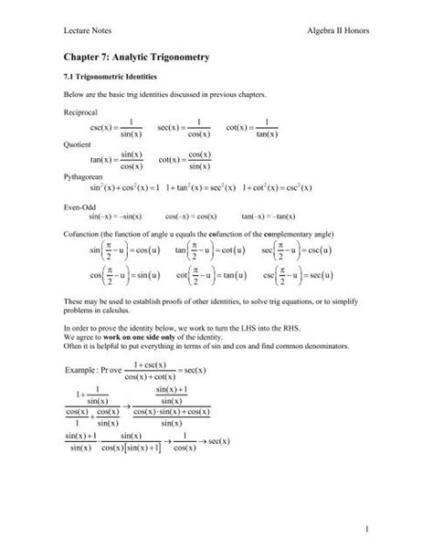 Chapter 7 Analytic Trigonometry Course Number Cengage
