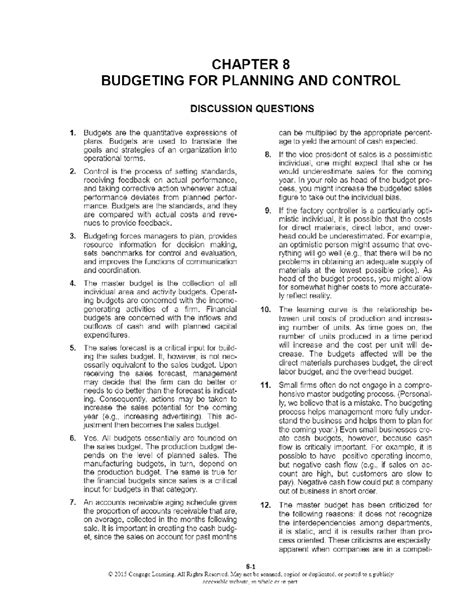 Chapter 8 Budgeting For Planning And Control