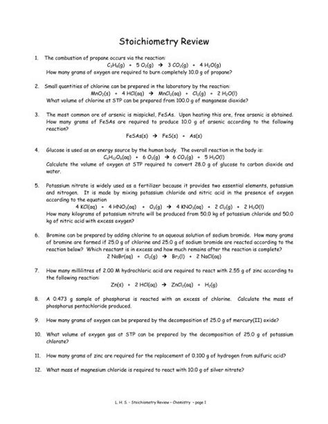 Chapter 8 Stoichiometry Review Sheet Answers