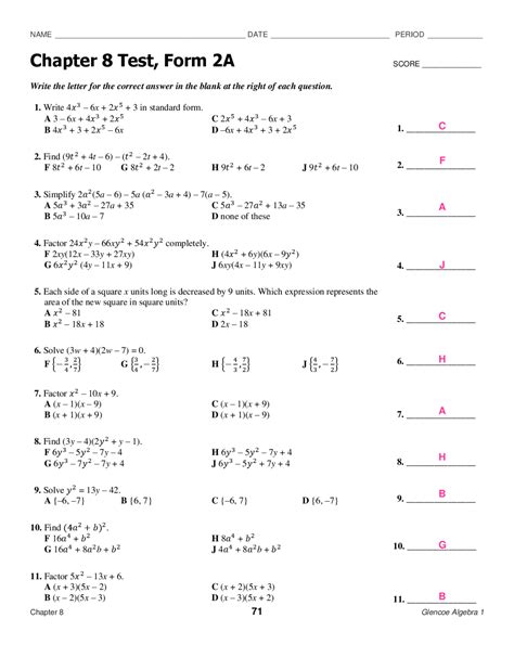 Chapter 8 Test Form 2a Answers