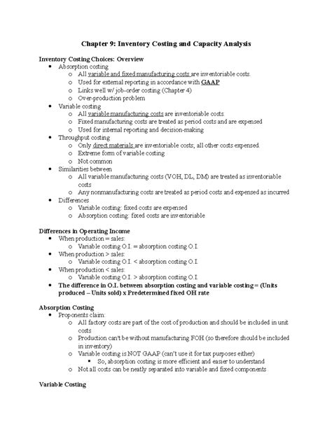 Chapter 9 Inventory Costing And Capacity Analysis 9 1