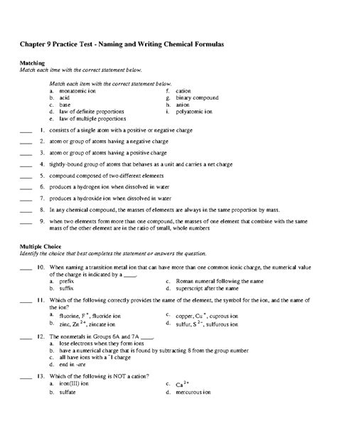 Chapter 9 Practice Test Naming And Writing Chemical Formulas