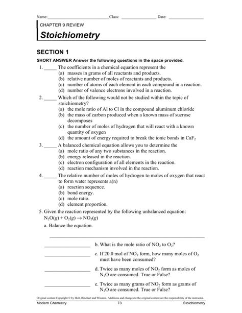 Chapter 9 Review Stoichiometry Worksheet Answers