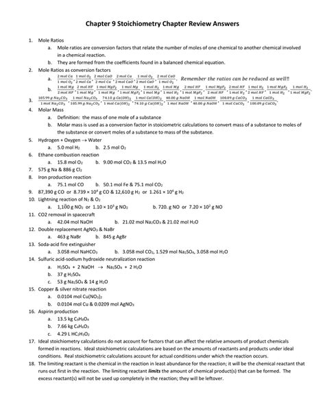 Chapter 9 Stoichiometry Answers Section