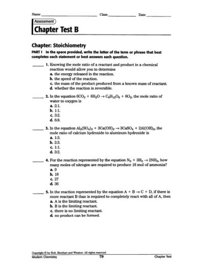Chapter 9 Stoichiometry Multiple Choice Answers