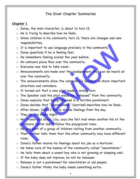 Chapter Summaries Of The Giver