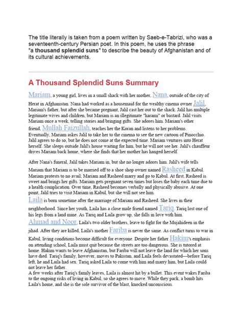 Chapter Summary A Thousand Splendid Suns