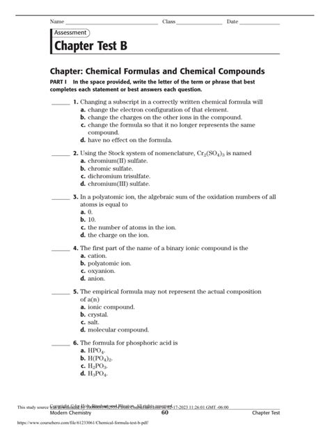 Chapter Test B Chemical Formulas And Compounds