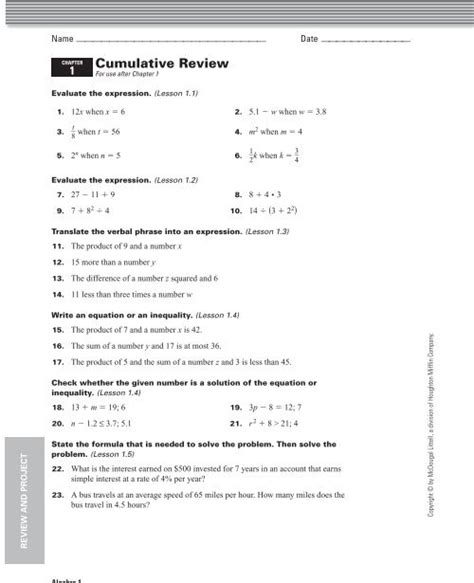 Full Download Chapter 1 Cumulative Review Algebra 2 Answers 
