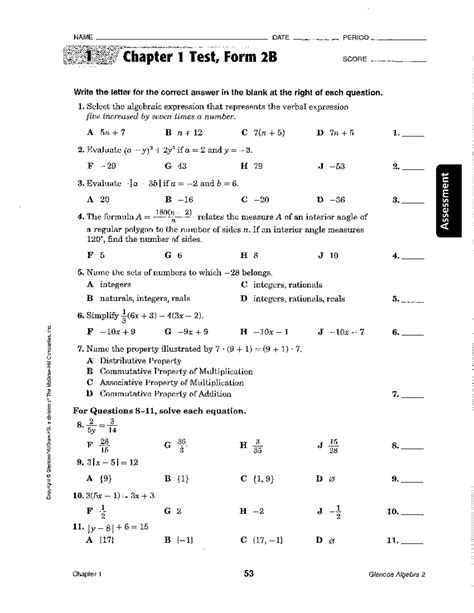 Read Chapter 1 Quiz Form G Algebra 2 