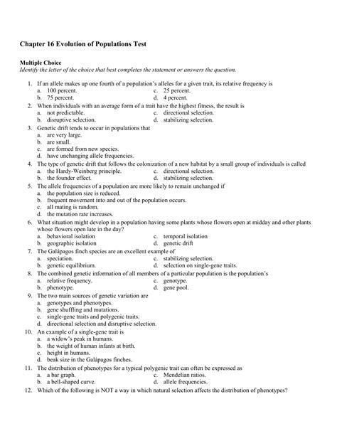 Full Download Chapter 16 1 Evolution Of Populations Answers 