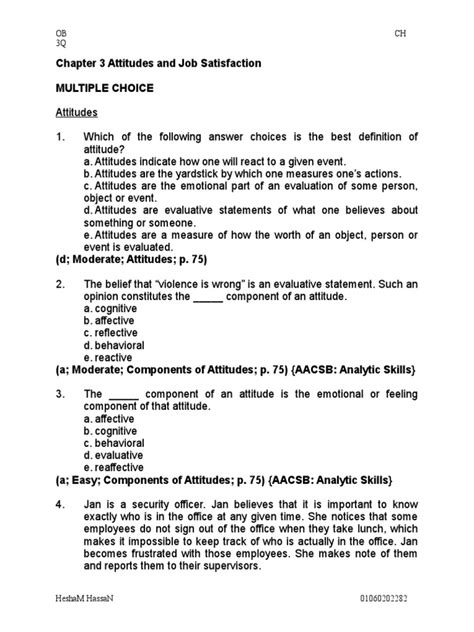 Read Chapter 3 Attitudes And Job Satisfaction Multiple Choice 