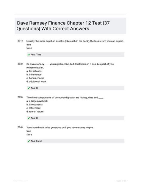 Read Online Chapter 4 Money In Review Answers Dave Ramsey Test 