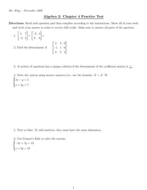 Download Chapter 4 Test Form B Algebra 2 