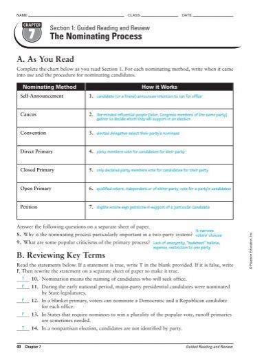 Read Chapter 7 Section 1 The Nominating Process Answer Key 