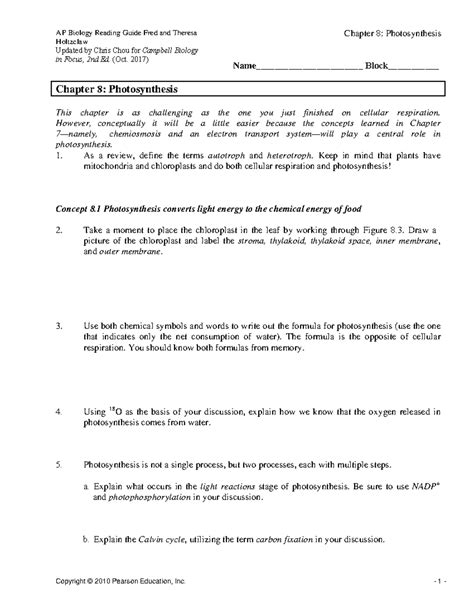 Read Chapter 8 Photosynthesis Study Guide 