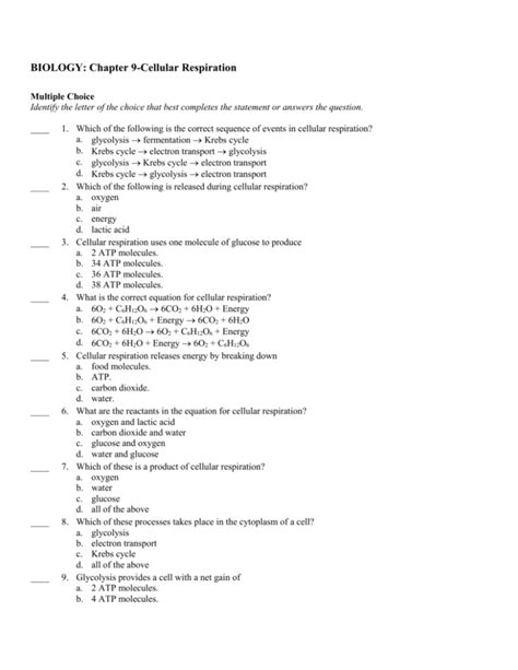 Download Chapter 9 Cellular Respiration Quiz 