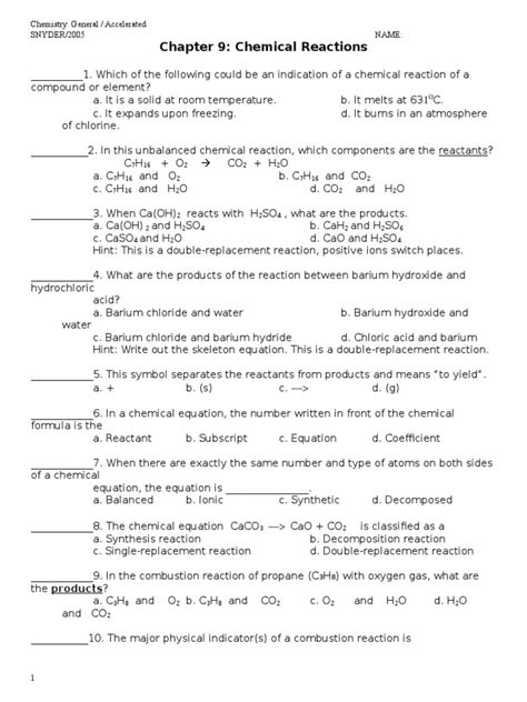 Full Download Chapter 9 Chemical Reactions Test 