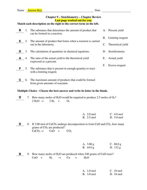 Read Chapter 9 Stoichiometry Test 