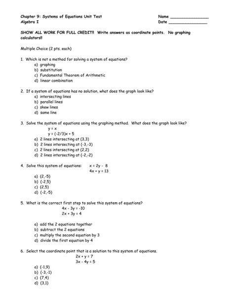 Read Online Chapter 9 Systems Of Equations Unit Test 