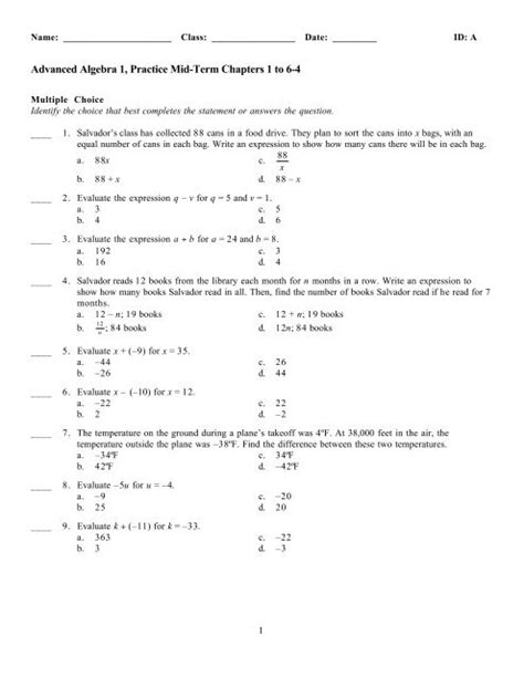 Download Chapter7 Test Algebra 1 Answers 