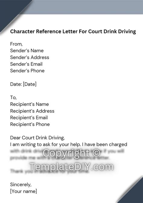 character reference drinking and driving examples