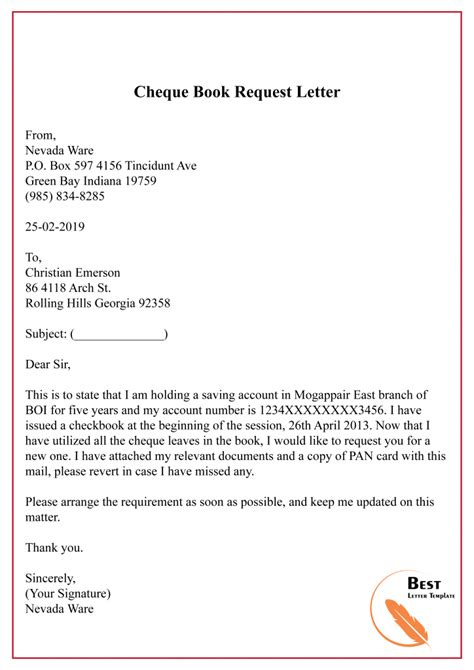 Check Book Request Letter